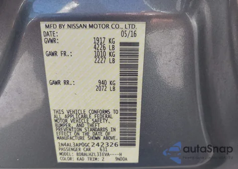 2016 Nissan Altima 2.5 Sr из США, поврежденный, VIN 1N4AL3AP0GC242326